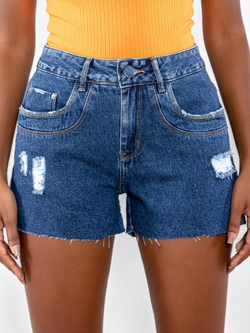 High-Rise Distressed Denim Shorts - Blue
